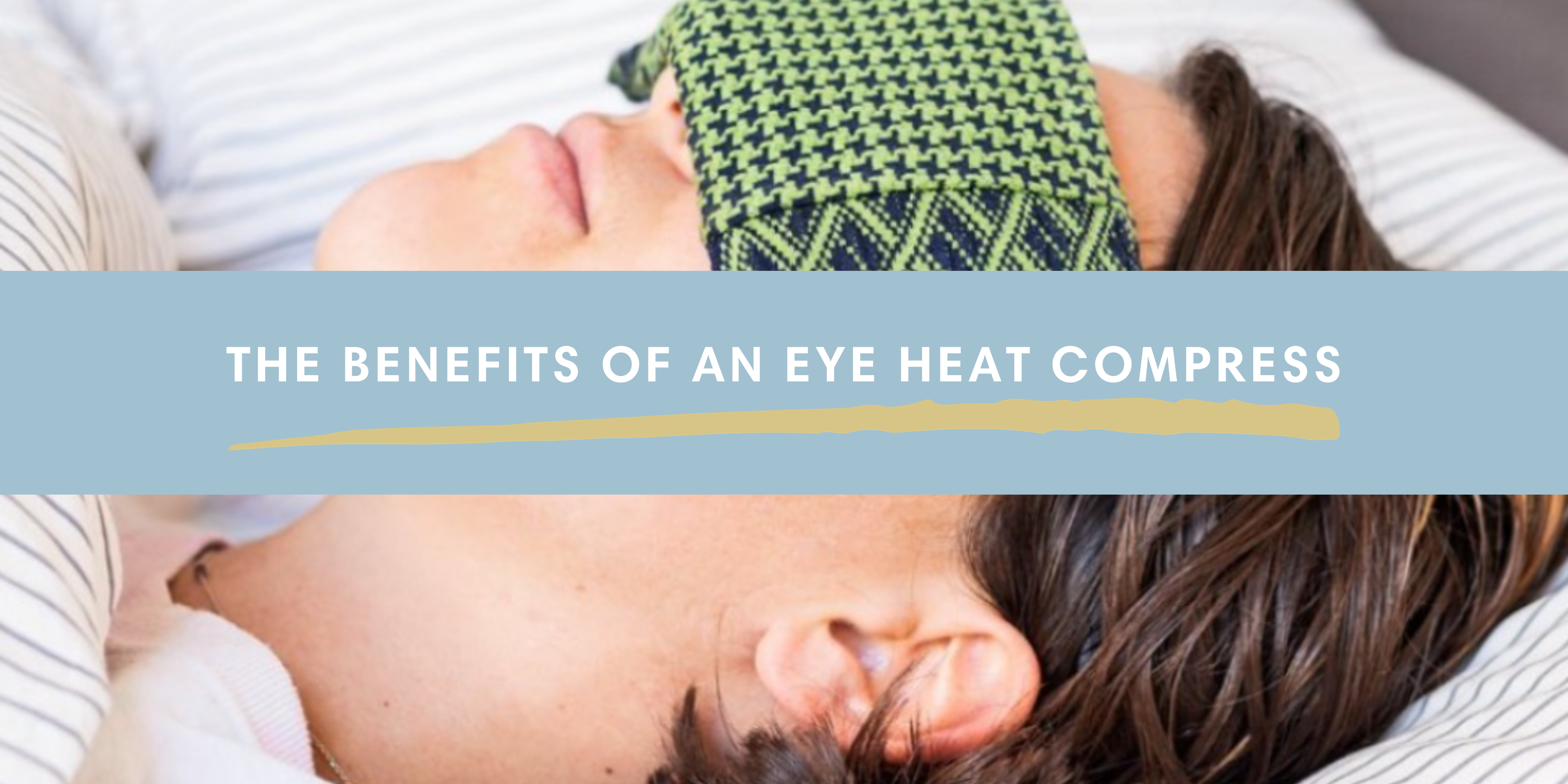 Person lying with teal and navy eye heat compress over eyes