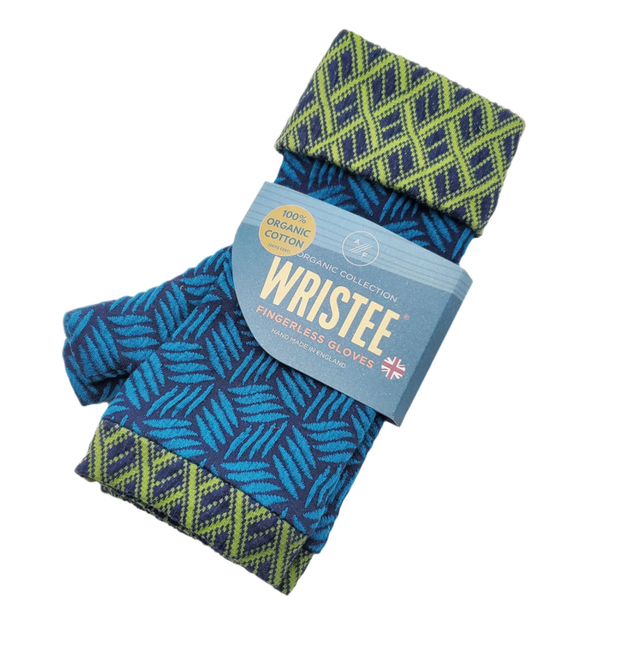 Organic cotton wristees with thumb - Blue crosshatch and green fenceknit