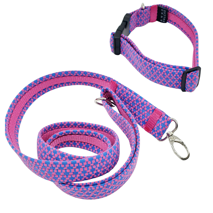 Cerise and blue Waffle- Doggy Collar & lead