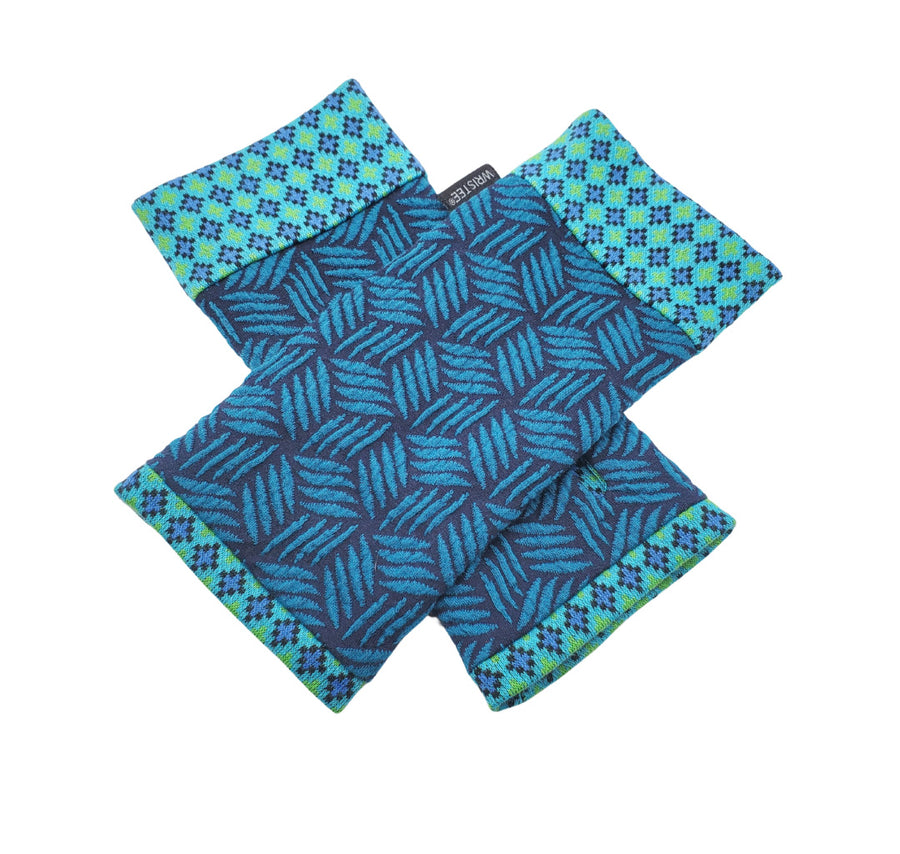 Organic cotton Wristees-  Teal crosshatch with vintage blues