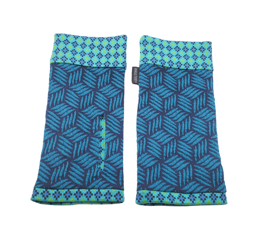 Organic cotton Wristees-  Teal crosshatch with vintage blues