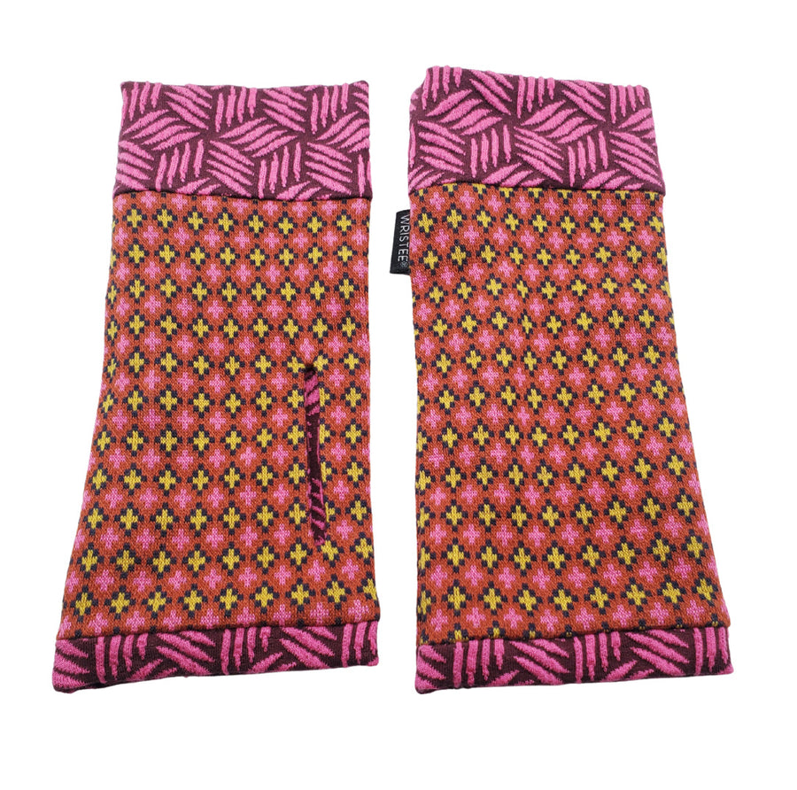 Organic cotton Wristees- Vintage rusts with pink crosshatch
