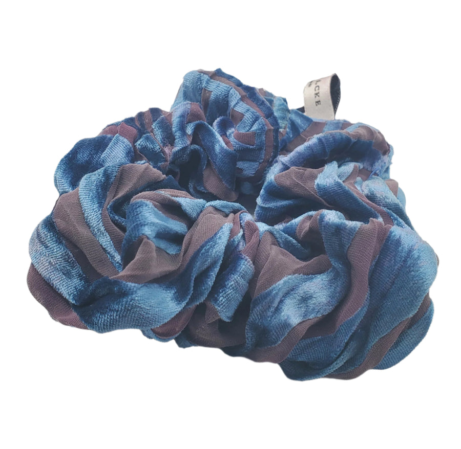 Silk devore Scrunchie - Stripey Teal and mauvey grey